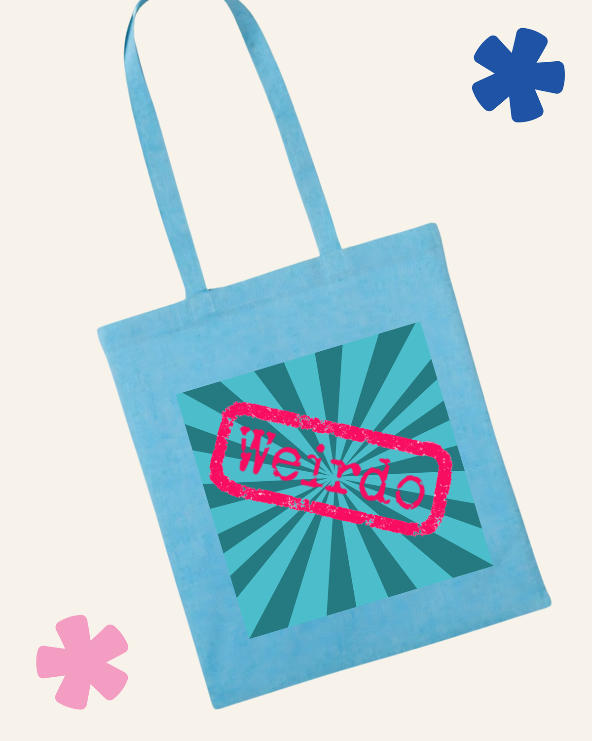 Blue tote bag with 'Weirdo' stamp design on a light blue background