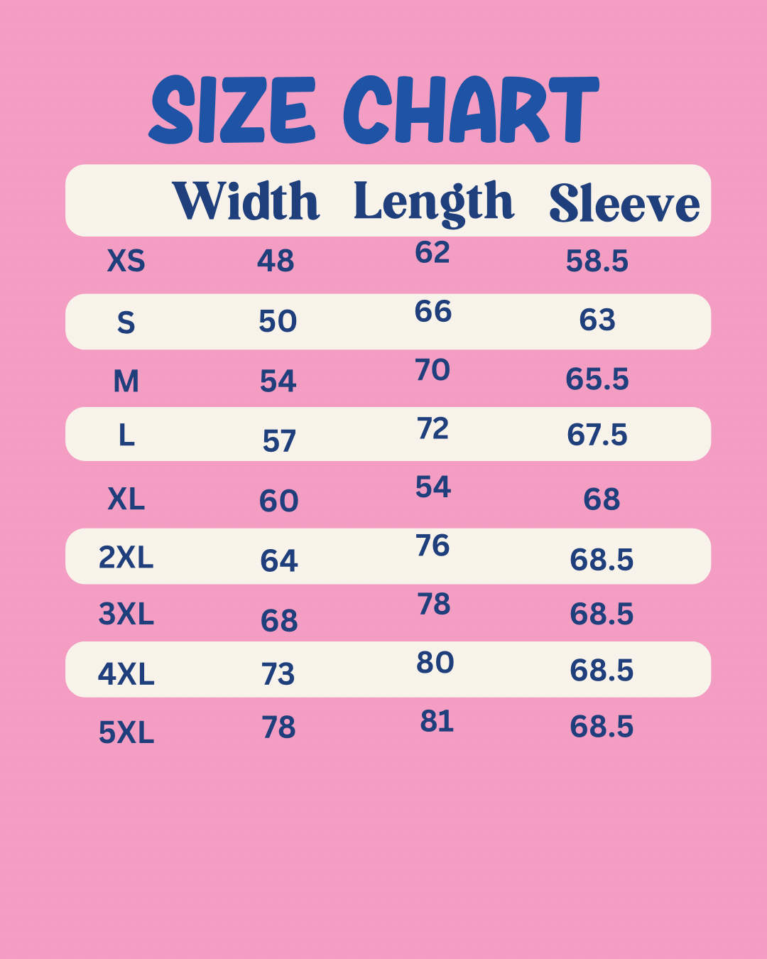 Size chart for clothing with width, length, and sleeve measurements on a pink background