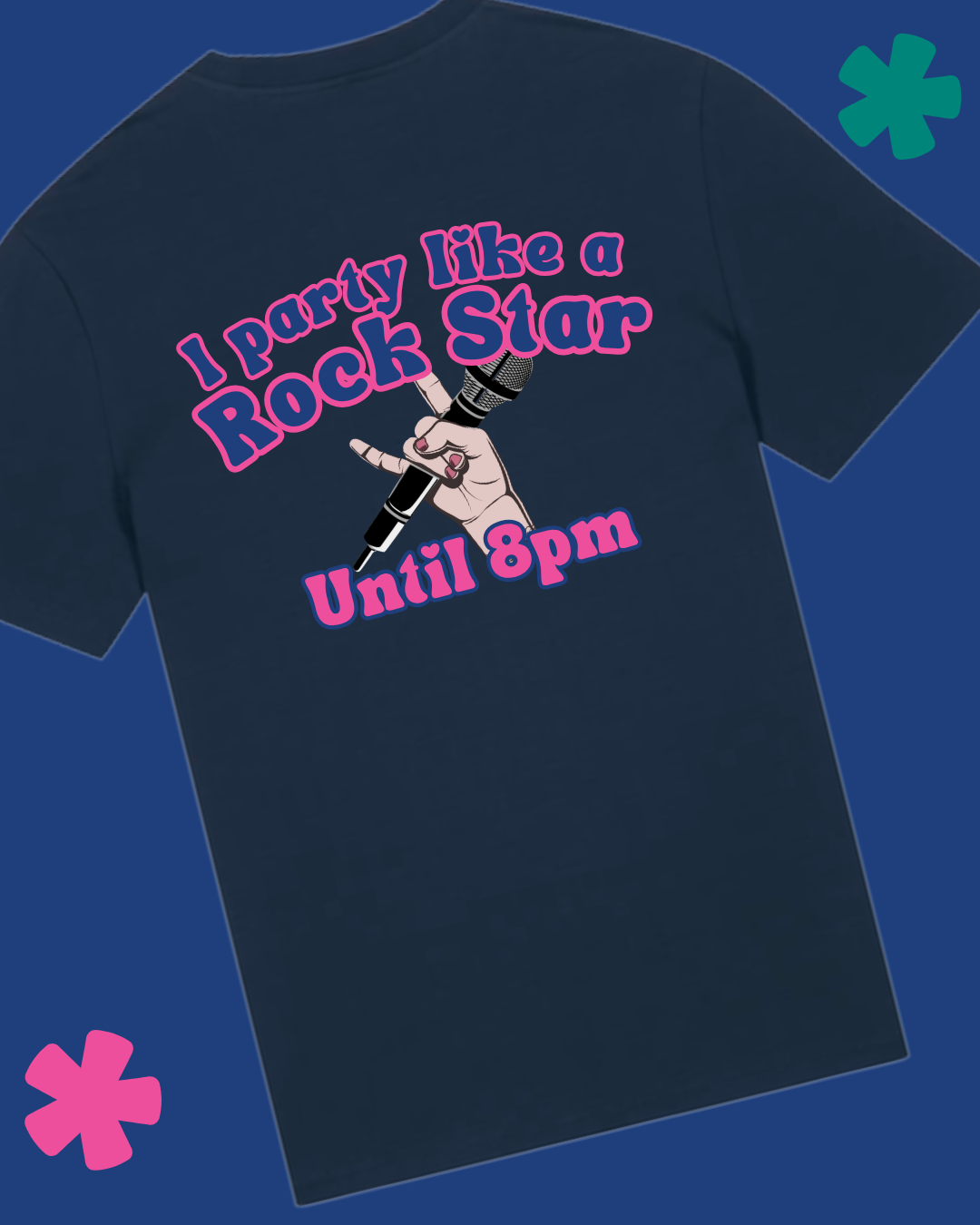 Navy t-shirt with pink and white graphic and text on a blue background