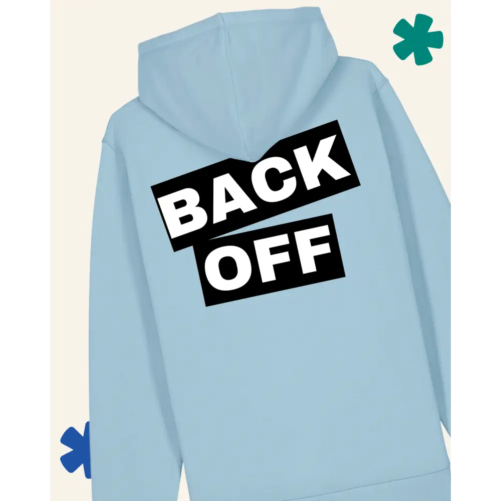 Light blue hoodie with 'BACK OFF' text on the back against a white background
