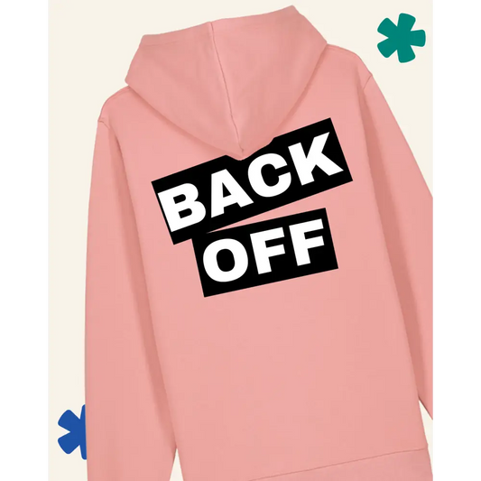 Pink hoodie with 'BACK OFF' text on the back against a light gray background