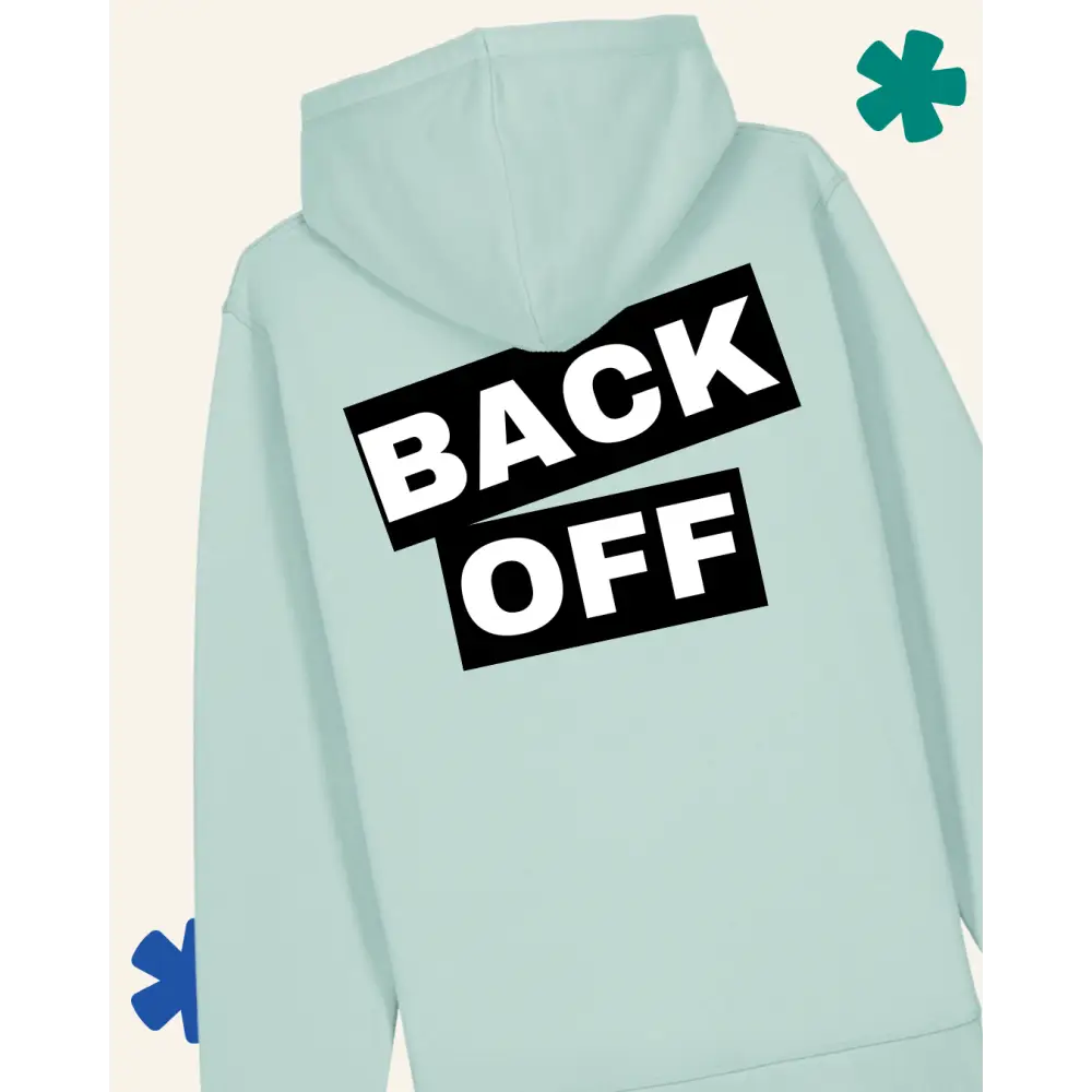 Light blue hoodie with 'BACK OFF' text on the back against a white background