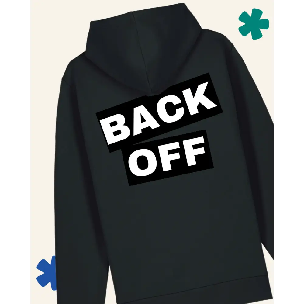 Black hoodie with 'BACK OFF' text on the back against a light gray background