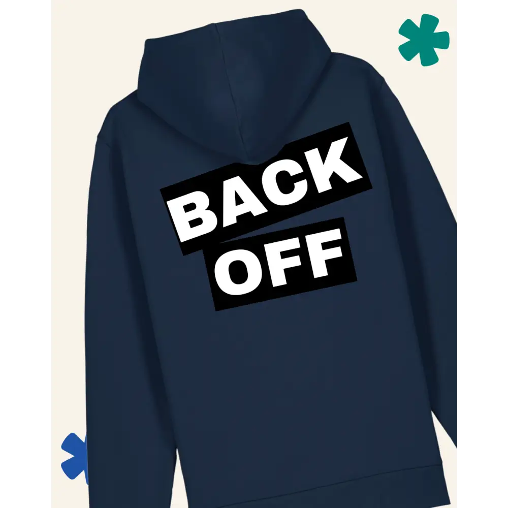Navy blue hoodie with 'BACK OFF' text on the back against a light gray background