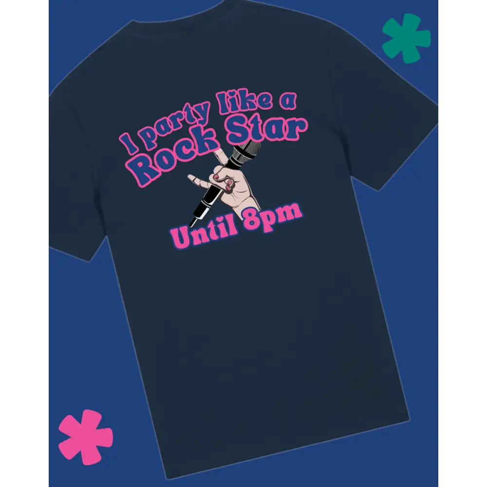 Navy t-shirt with pink and white graphic and text on a blue background