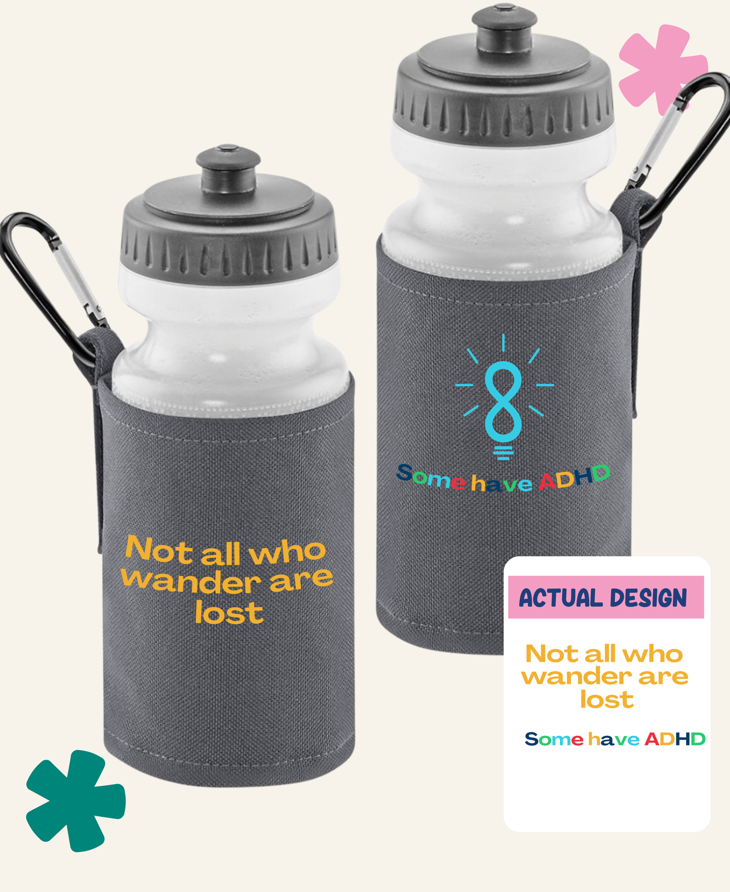 not all who wander are lost grey Unite Club Water Bottle – In Use, Clipped to Bag – Neurofest x Unite Club