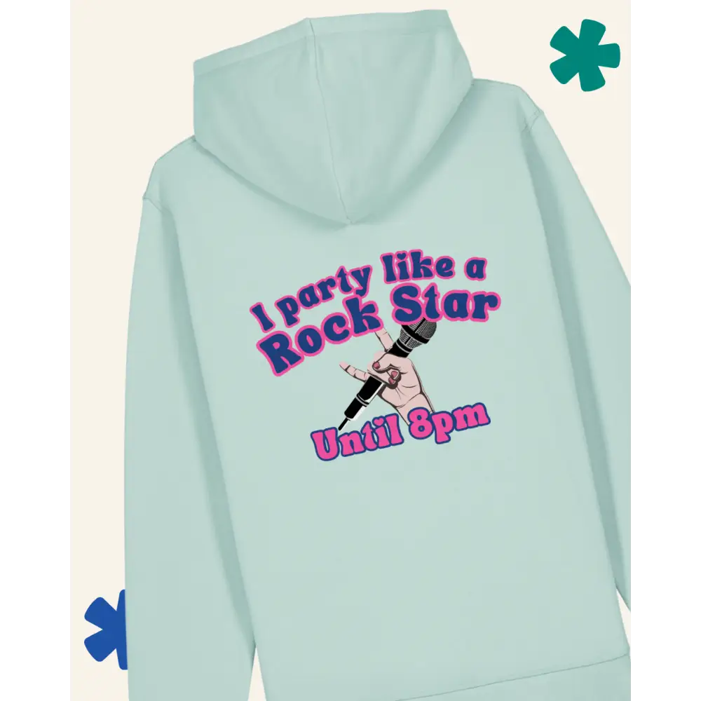 Light blue hoodie with text and graphic on the back, on a white background