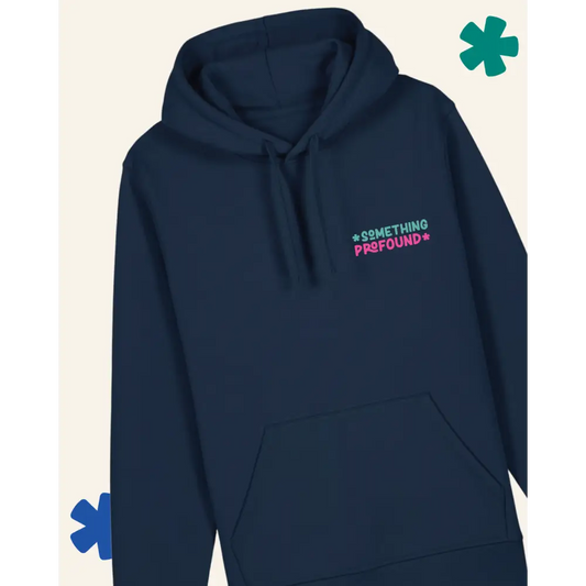 Navy blue hoodie with text on a light gray background
