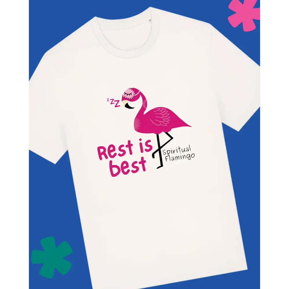 White t-shirt with a pink flamingo graphic and text on a blue background