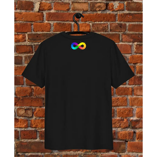 Black t-shirt with a colorful logo on a hanger against a brick wall.