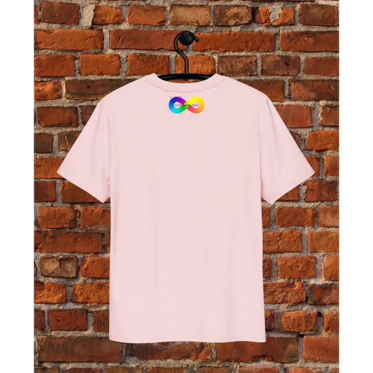 Pink t-shirt with a colorful logo on a hanger against a brick wall. I'd be unstoppable if i weren't so distractible pink