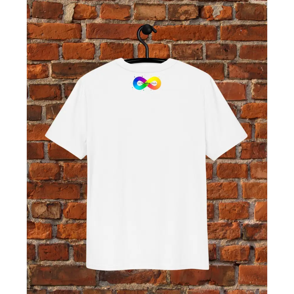 White t-shirt with a colorful logo on a hanger against a brick wall. sendwise hub