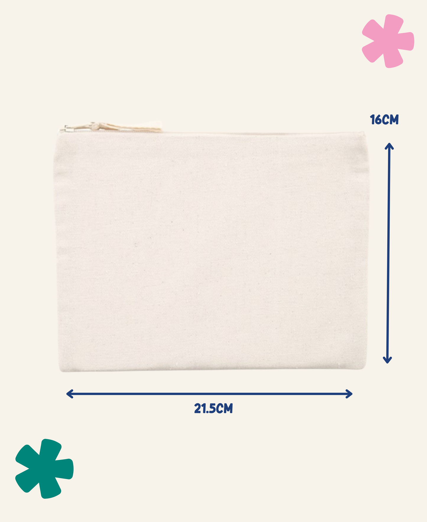 An off-white canvas zippered pouch shown with blue dimension arrows and text indicating measurements of 21.5cm width and 16cm height on a light cream background.