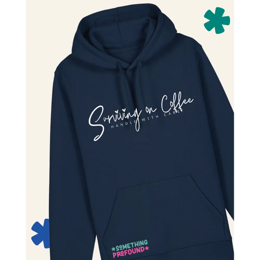 Navy blue hoodie with white text on a beige background