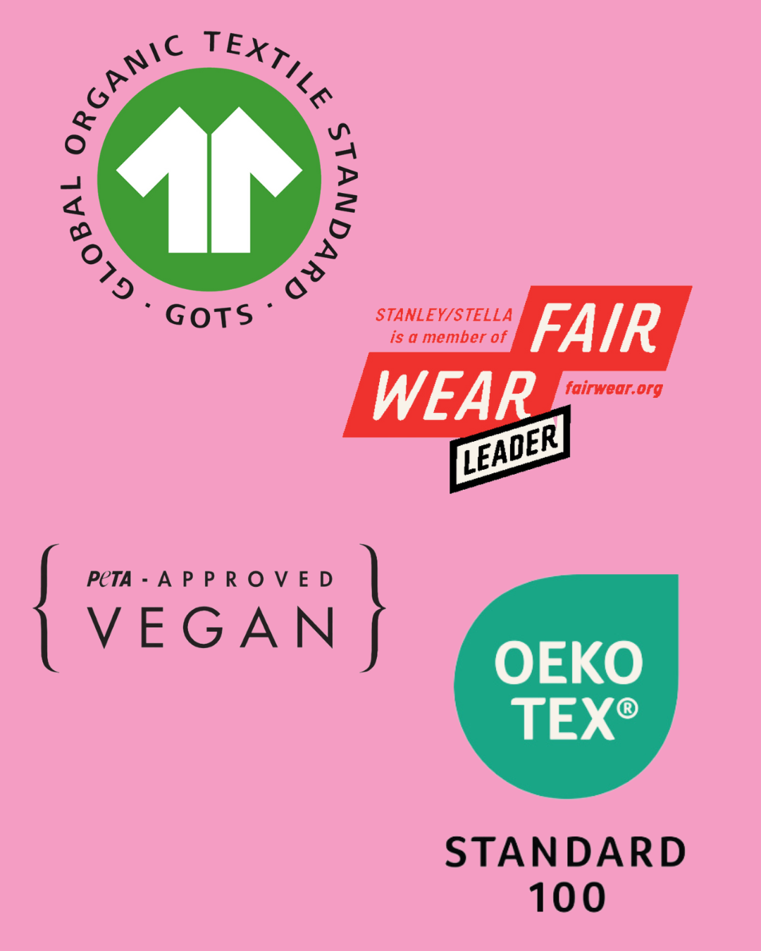 Pink background with sustainability certification logos including GOTS, Fair Wear, PETA, Vegan, and OEKO-TEX.