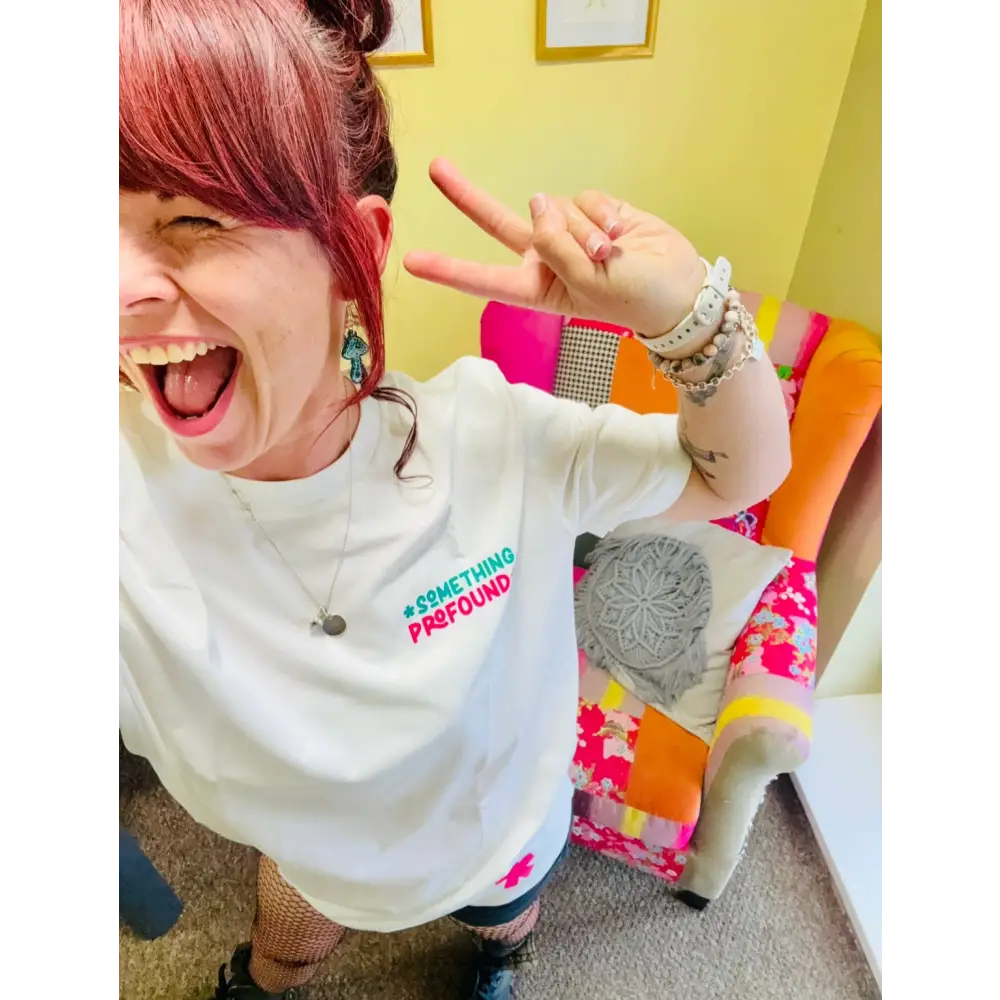Kylie Dixon MBE wearing a Something Profound T-shirt