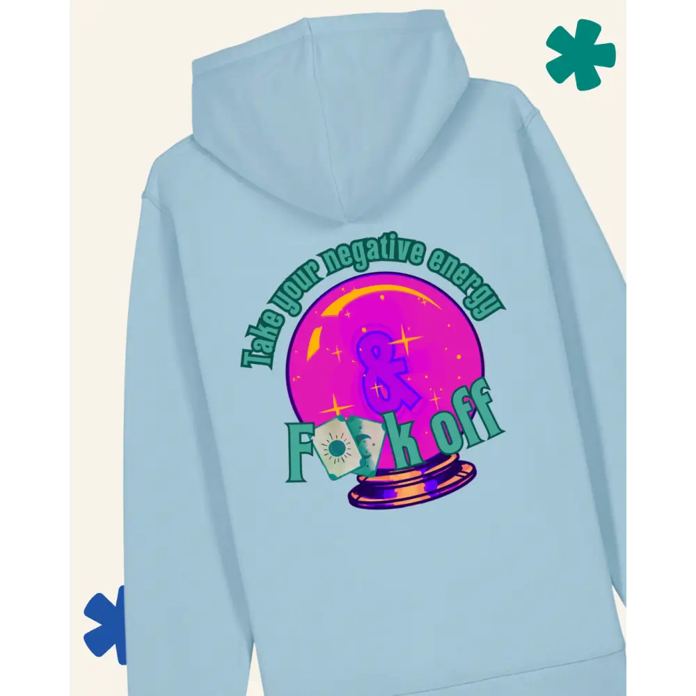 Light blue hoodie with a colorful graphic and text on the back against a white background