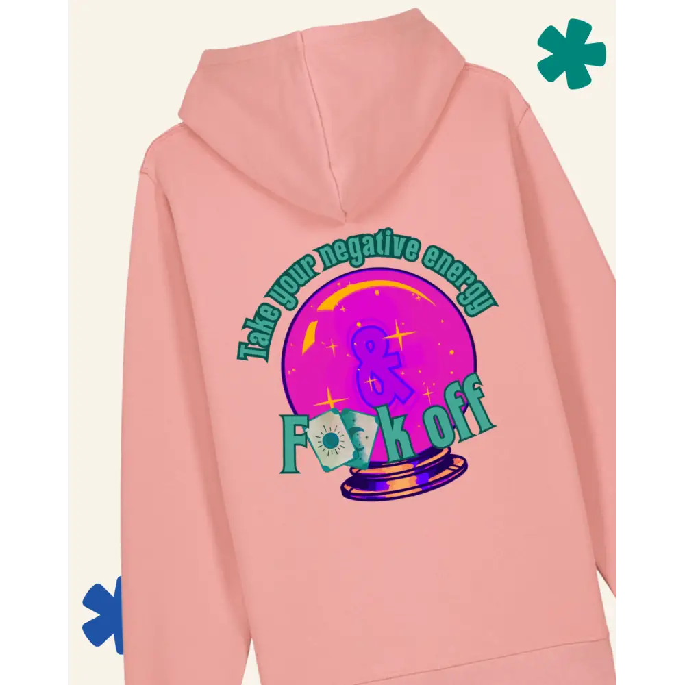 Pink hoodie with graphic design and text on a white background