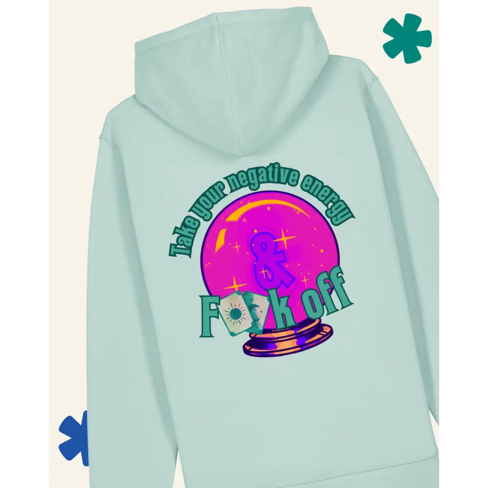 Light blue hoodie with a colorful graphic and text on the back against a white background