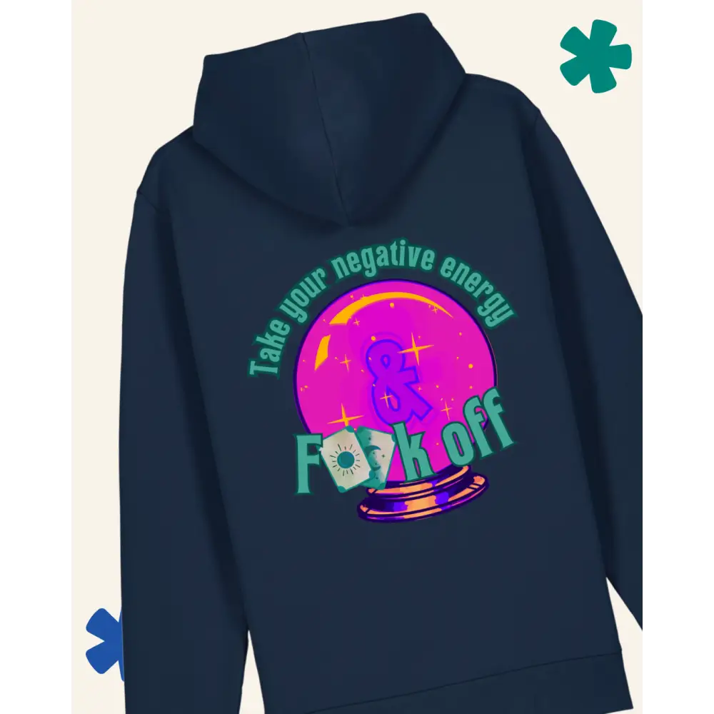 Navy blue hoodie with colorful graphic design on the back