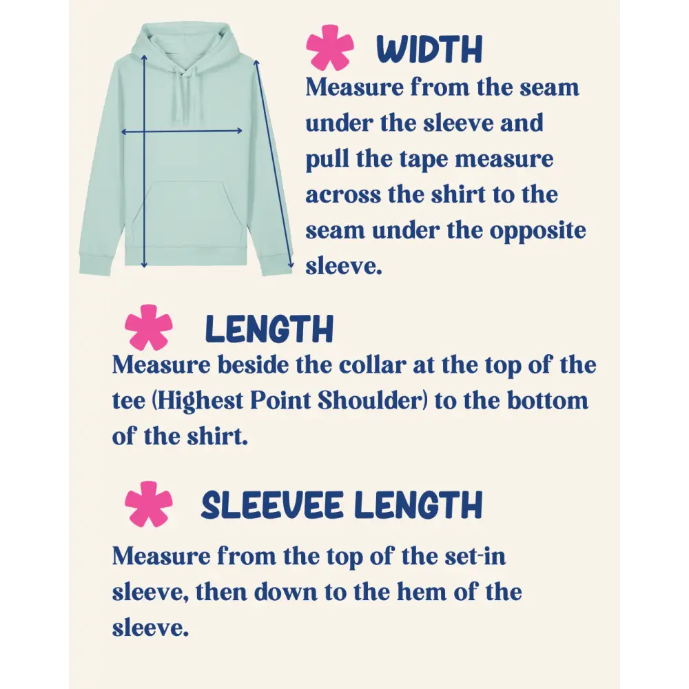 Measurement guide for shirts with a light blue hoodie illustration and text instructions.