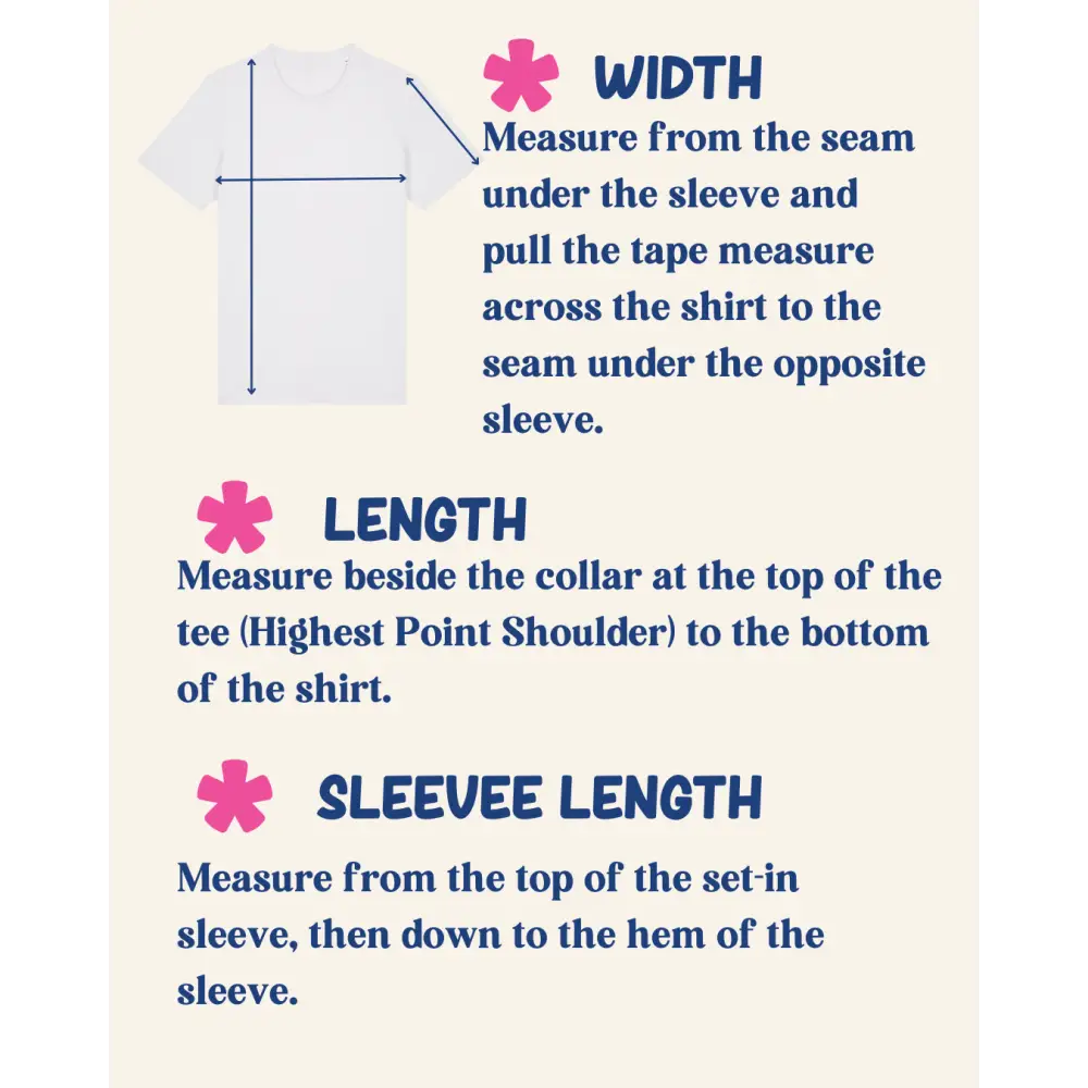 Measurement guide for shirts with text instructions on width, length, and sleeve length.