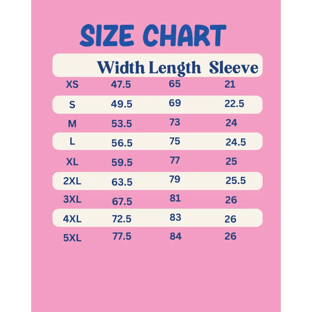 Size chart for clothing with width, length, and sleeve measurements on a pink background