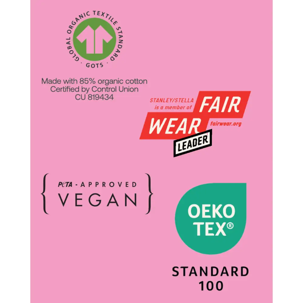 Certification logos on a pink background