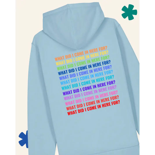 Light blue hoodie with colorful text on the back, displayed against a light background.