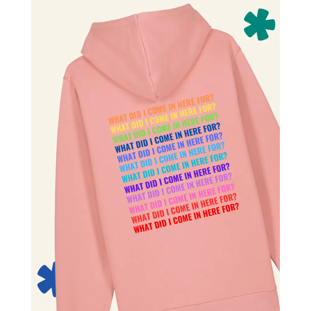 Pink hoodie with colorful text on the back against a light gray background