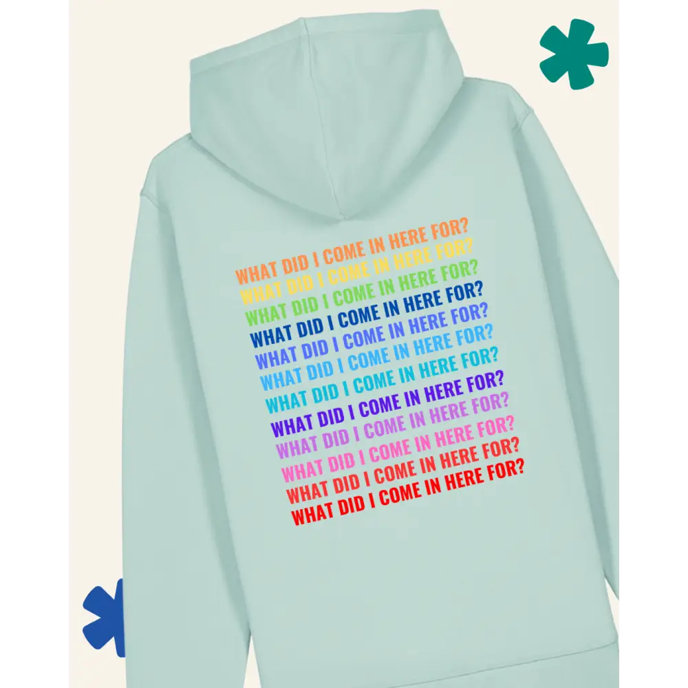 caribbean blue hoodie with colorful text on the back, displayed against a light background.