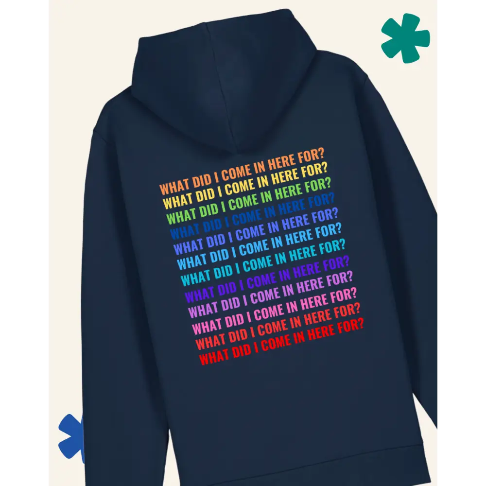 Navy blue hoodie with colorful text on the back against a light gray background