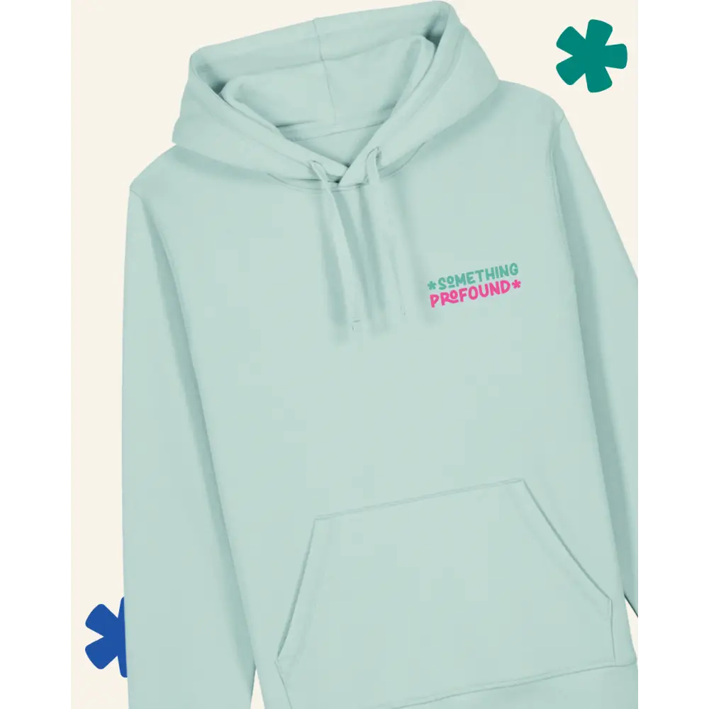 caribbean blue hoodie with text on a light gray background