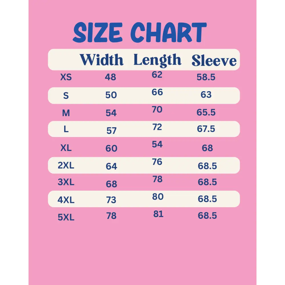 Size chart for clothing with width, length, and sleeve measurements on a pink background