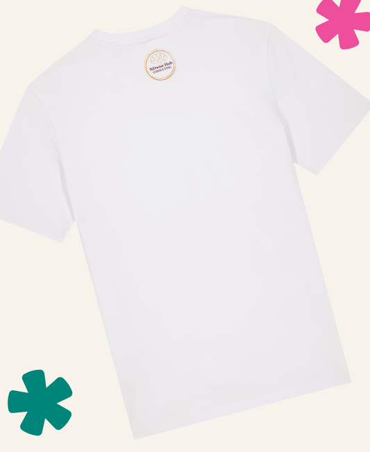 White t-shirt with a logo on the back against a light background