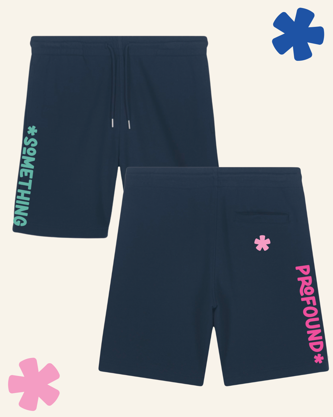 Asterisk Something printed down the leg of French navy loungewear shorts-Something Profound