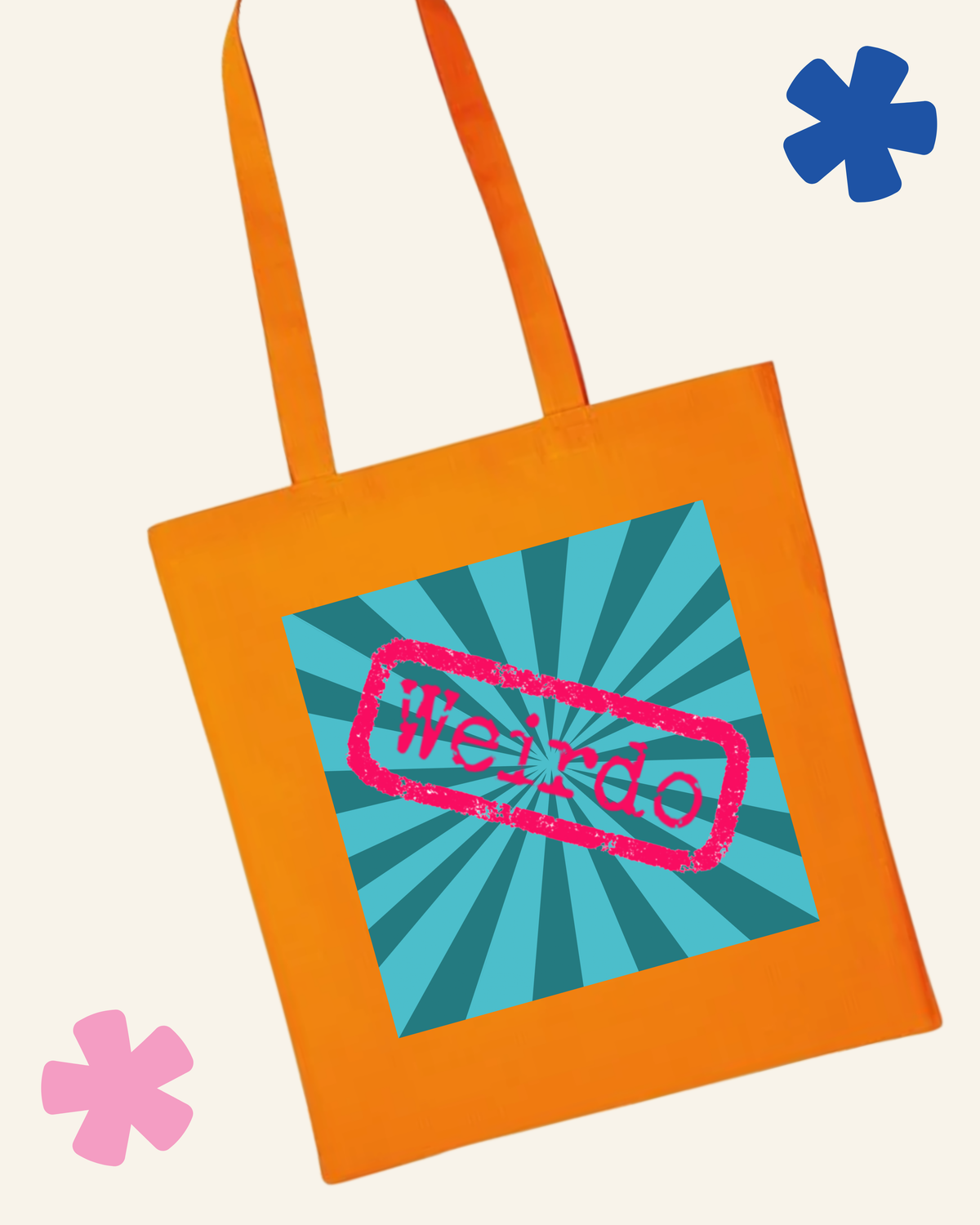 Orange tote bag with a blue starburst design and 'Weirdo' text on a white background