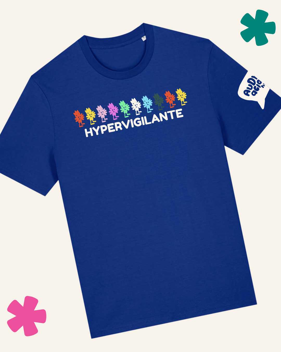 Blue t-shirt with colorful graphic and 'Hypervigilante' text on a white background