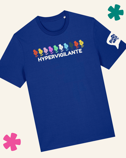 Blue t-shirt with colorful graphic and 'Hypervigilante' text on a white background