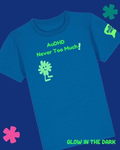 Blue t-shirt with green text and graphics on a blue background
