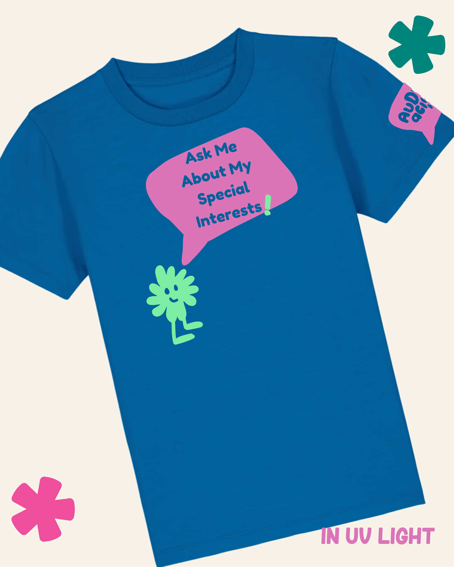 Blue t-shirt with a green character and pink speech bubble on a white background