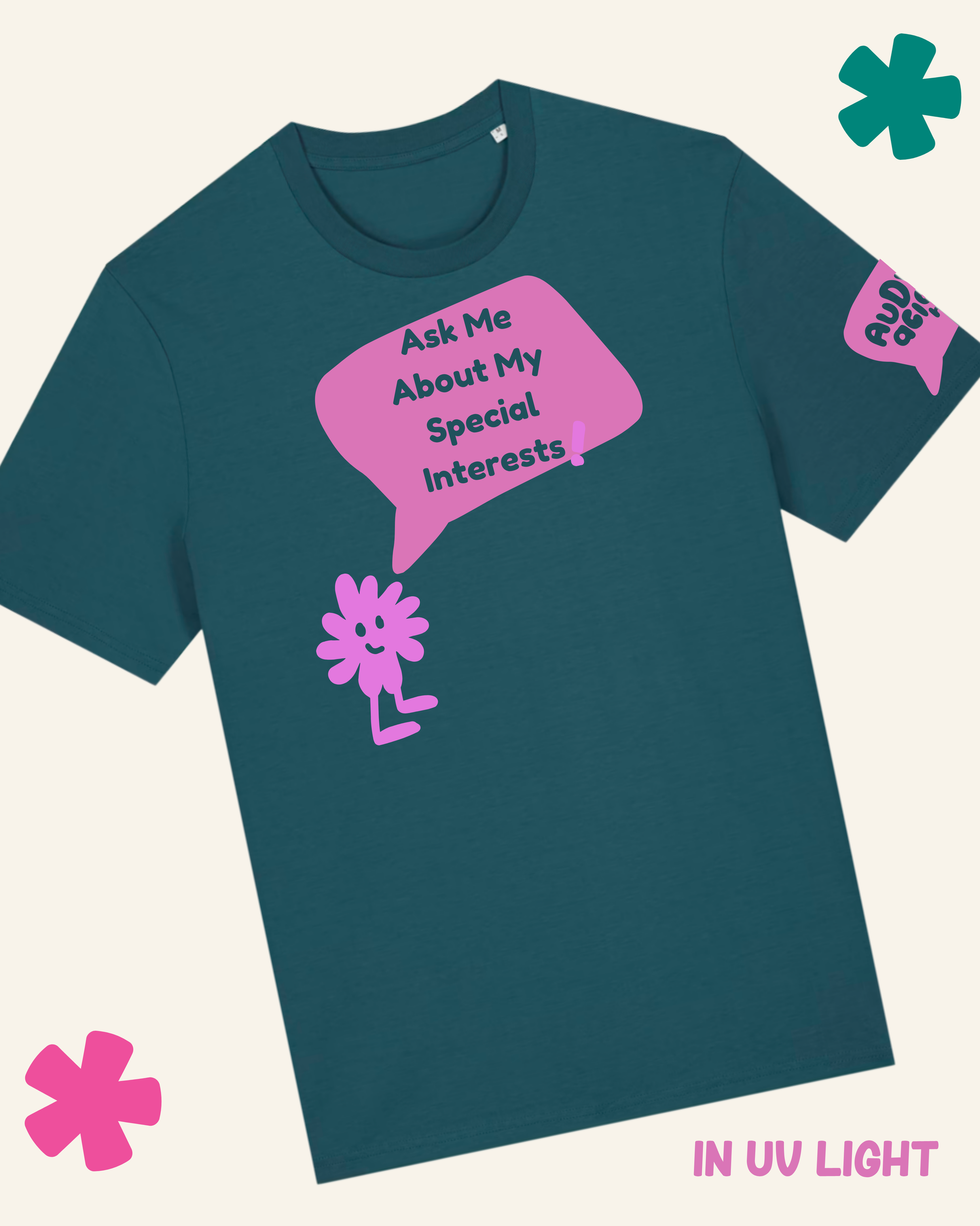Teal t-shirt with pink graphic and text 'Ask Me About My Special Interests' on a light gray background.