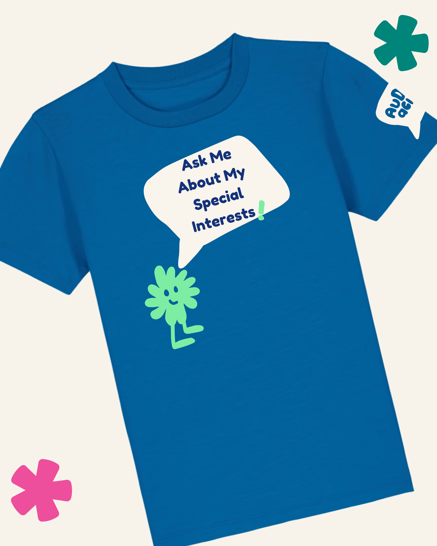 Blue t-shirt with a green character and text 'Ask Me About My Special Interests' on a white background