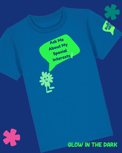 Blue t-shirt with green graphic and text 'Ask Me About My Special Interests' on a blue background.