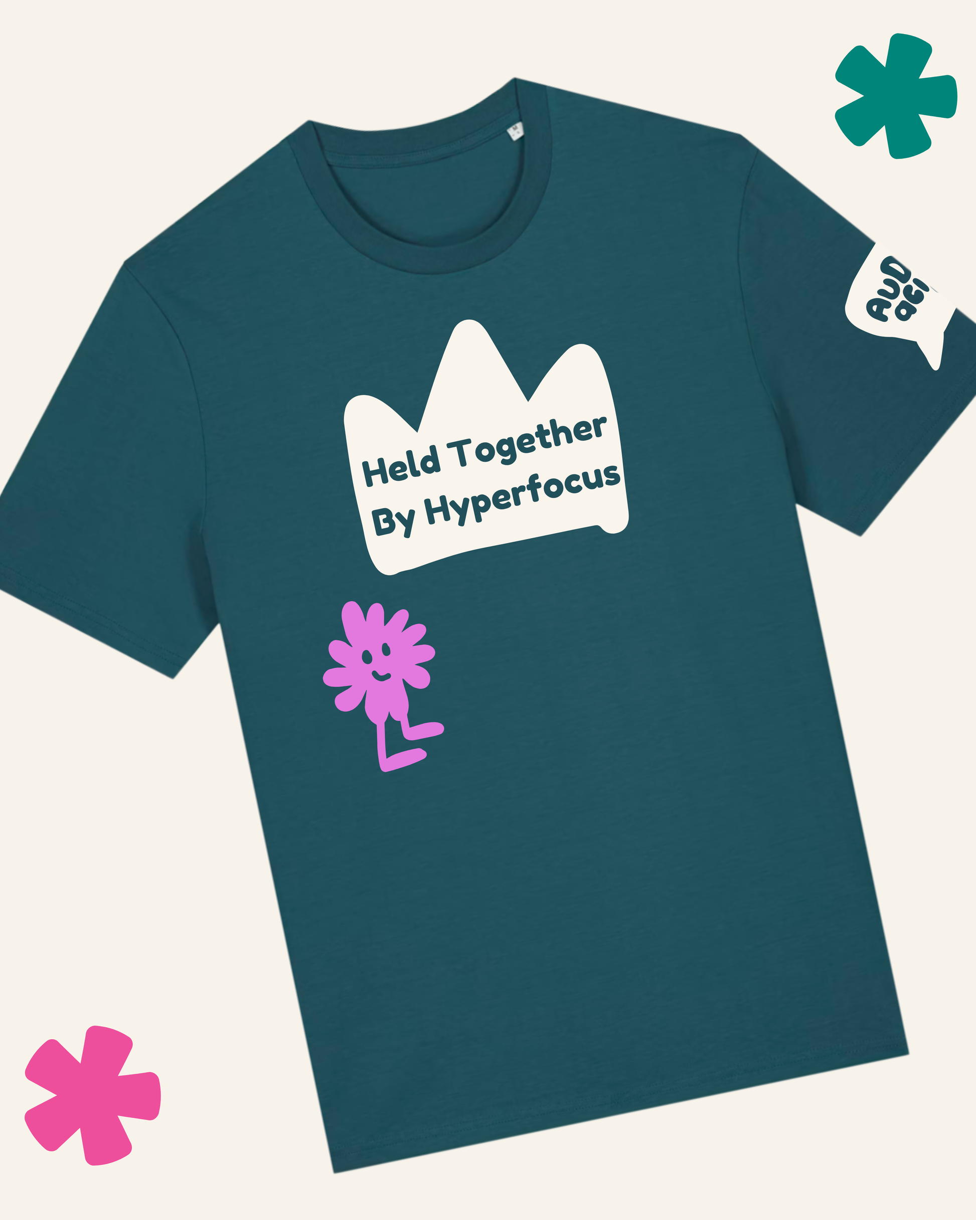 Teal t-shirt with white and pink graphics and text on a light gray background