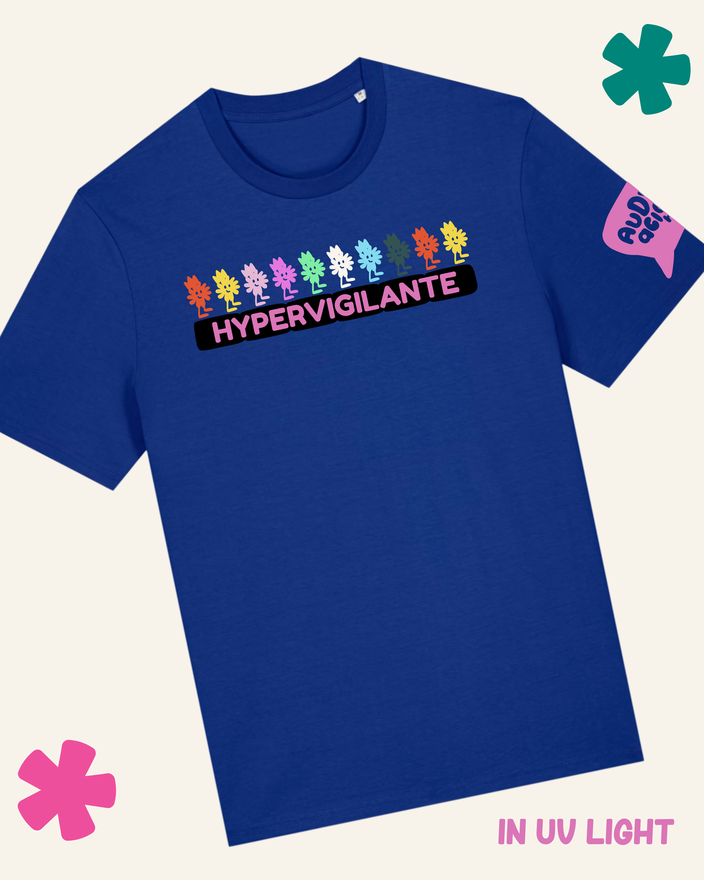 Blue t-shirt with colorful graphic and 'Hypervigilante' text on a white background