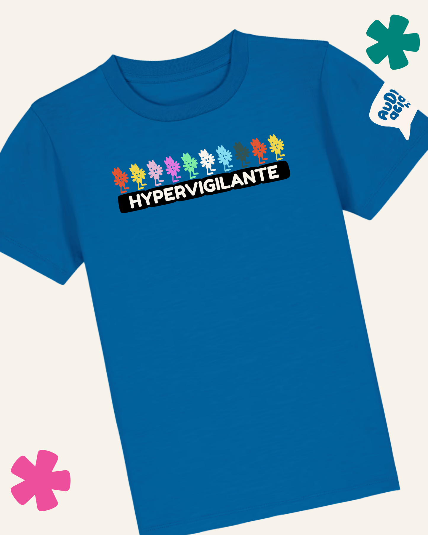 Blue t-shirt with colorful graphic and 'HYPERVIGILANTE' text on a white background