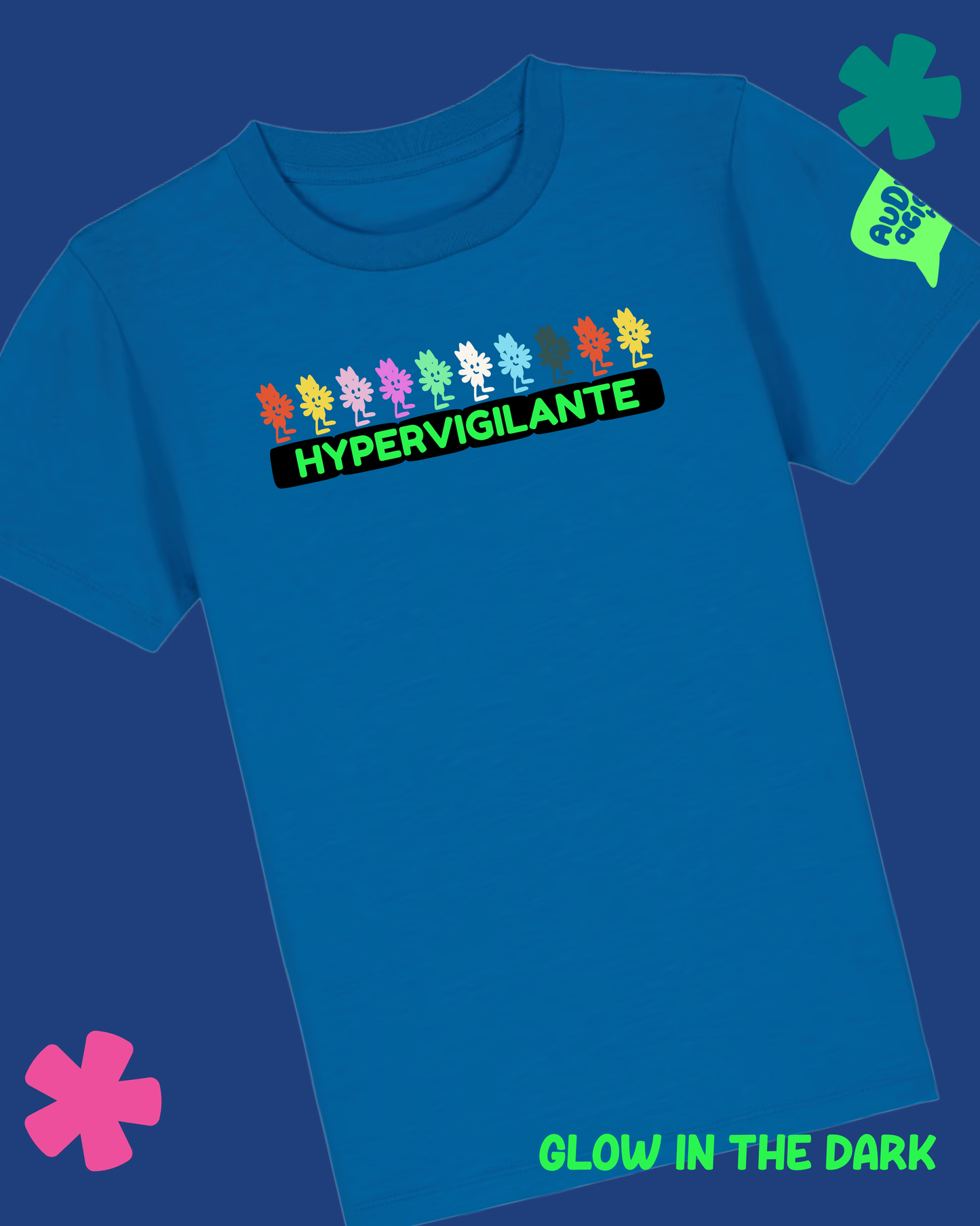 Blue t-shirt with colorful graphic and text 'Hypervigilante' on a blue background
