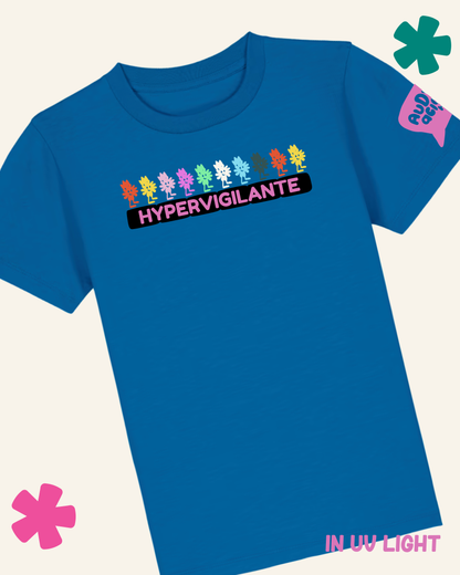 Blue t-shirt with colorful graphic and 'Hypervigilante' text on a white background