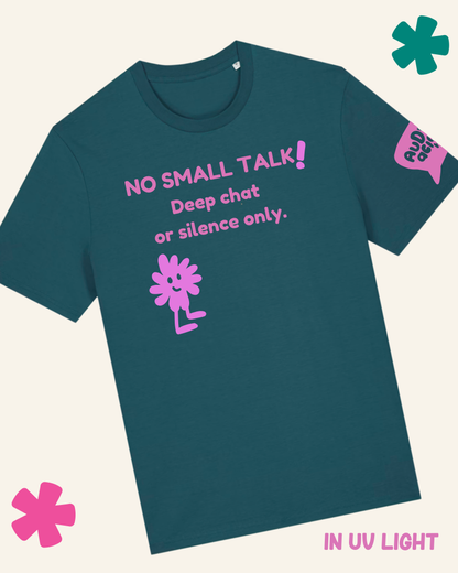 Teal t-shirt with pink text and graphics on a light gray background